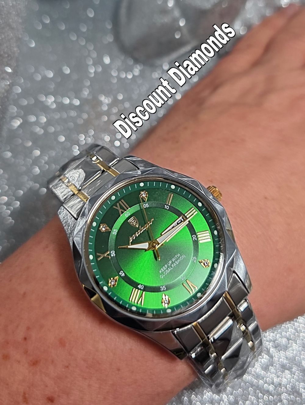 Men's Green and Gold Poedagar Quartz Watch with Stainless Steel Band.